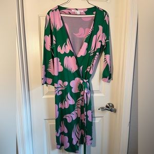 Green and pink silk Diane von Furstenberg wrap dress